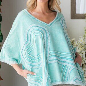 OHAqua Oli and Hali Aqua WASHED CONNECTIVE HEARTS V NECK TOP